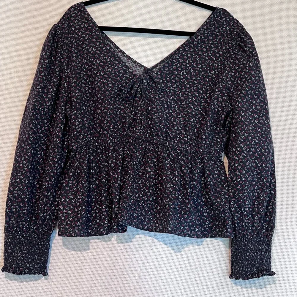 Madewell Boho Floral Peasant Blouse L Smocked Waist Puff Sleeves Ditsy Print Top